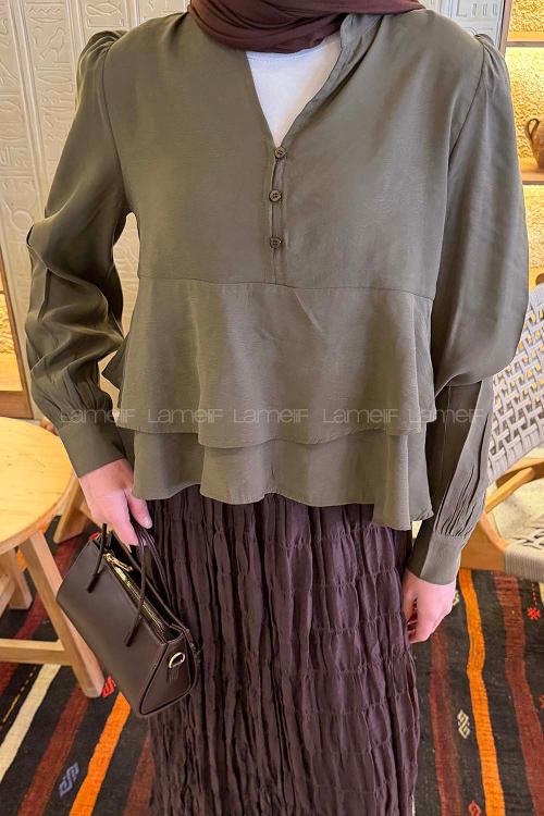 Lamelif Fırfırlı Bluz Haki