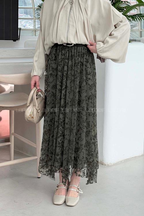 Lamelif Floklu Etek Haki