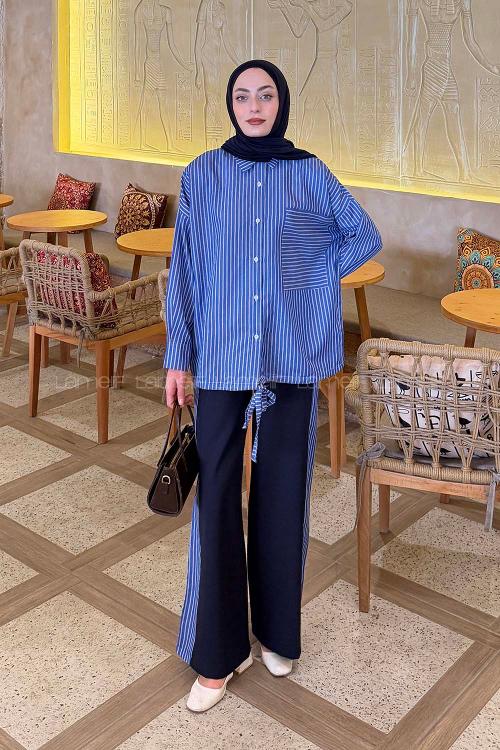 Navy Blue Shirt Collar Long Arm Cotton Polyester Regular Trousers Comfortable Suit