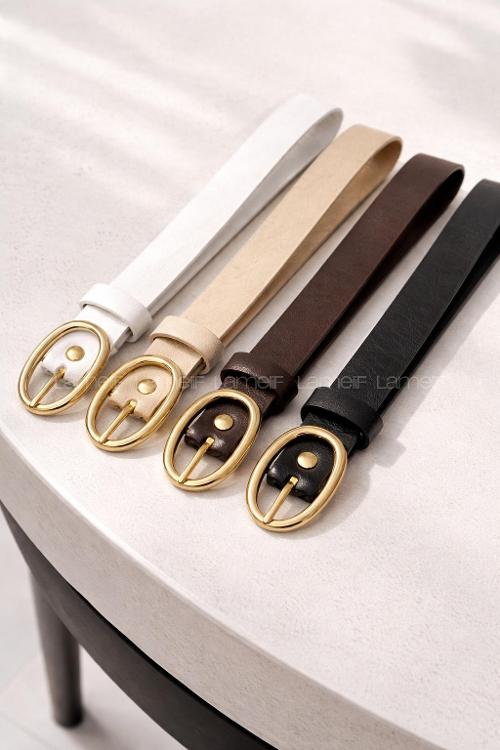 Lamelif Kadın 4 lü Özel  Silver Oval Tokalı Siyah Suni Deri Kadın Kemer 