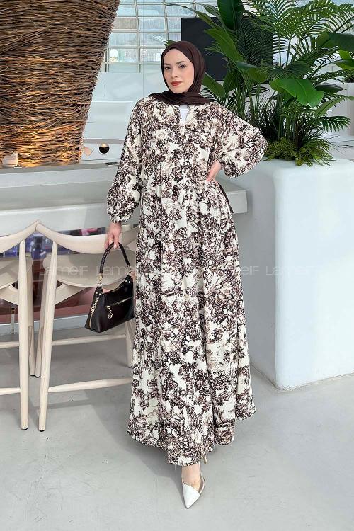 Lamelif Katleya Model Elbise Kahverengi