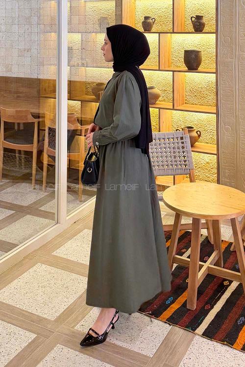 Lamelif Kemer Detaylı Etekli Takım Haki