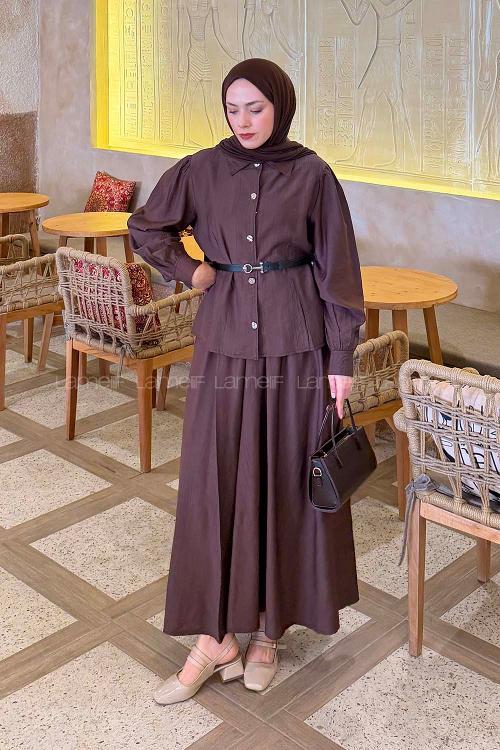 Brown Shirt Collar Long Arm Belted Cotton Flared Skirt Suit