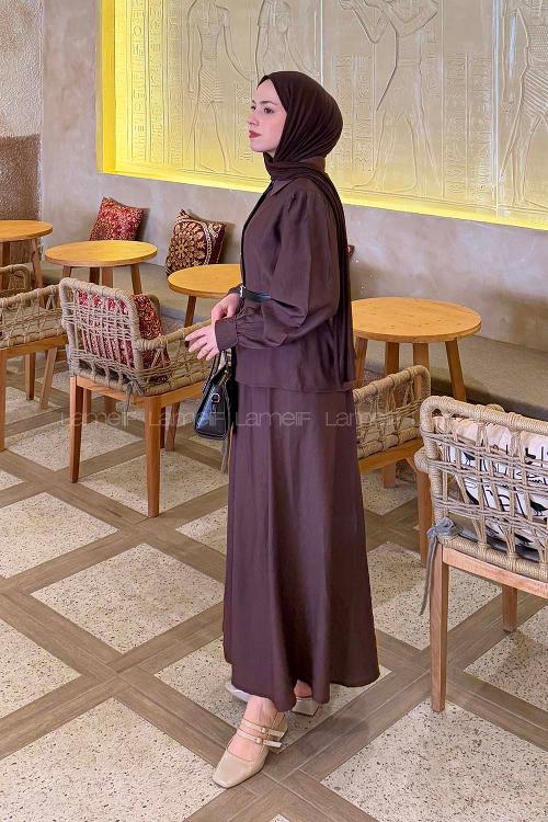 Brown Shirt Collar Long Arm Belted Cotton Flared Skirt Suit