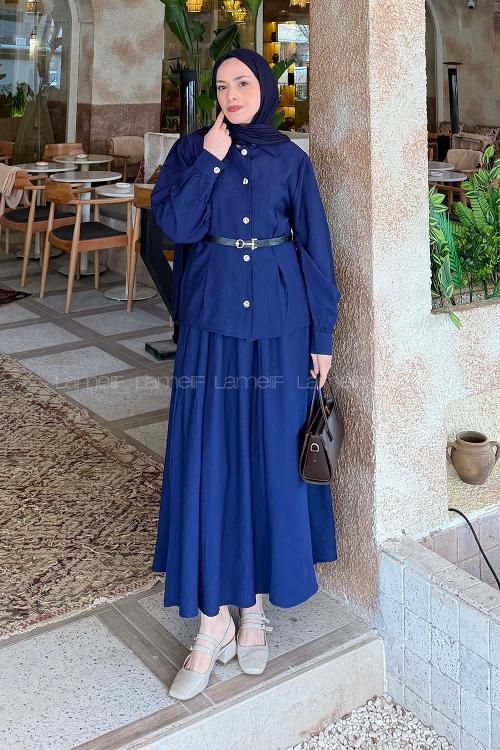 Lamelif Kemer Detaylı Etekli Takım Lacivert