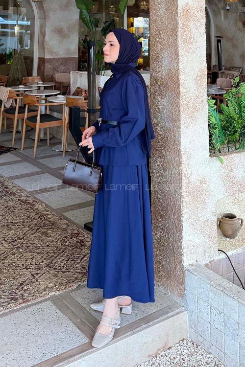Lamelif Kemer Detaylı Etekli Takım Lacivert