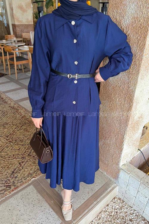 Lamelif Kemer Detaylı Etekli Takım Lacivert