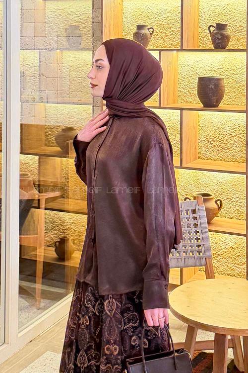 Lamelif Kırınkıl Kumaş Tesettür Gömlek Acı Kahve