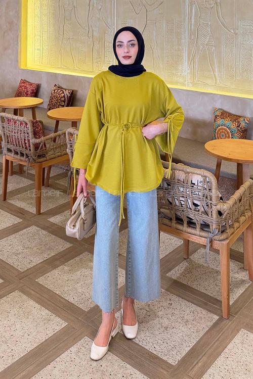 Lamelif Kol Biyeli Sweat Yağ Yeşili