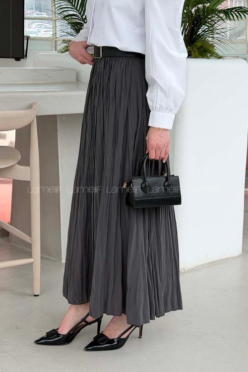 Lamelif Kraşlı Tesettür Etek Gri