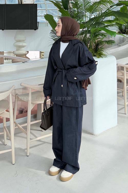 Lamelif Pelerinli Bağlama Detaylı Takım Koyu Lacivert