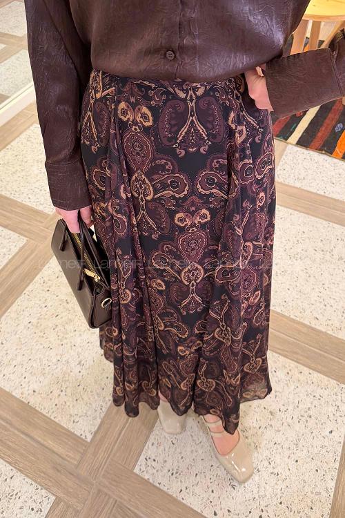 Lamelif Şifon Mevlana Etek Koyu Kahverengi