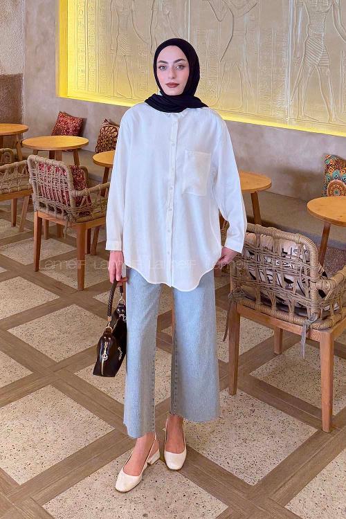 Lamelif Tek Cep Detaylı Çizgi Geçişli Gömlek Beyaz