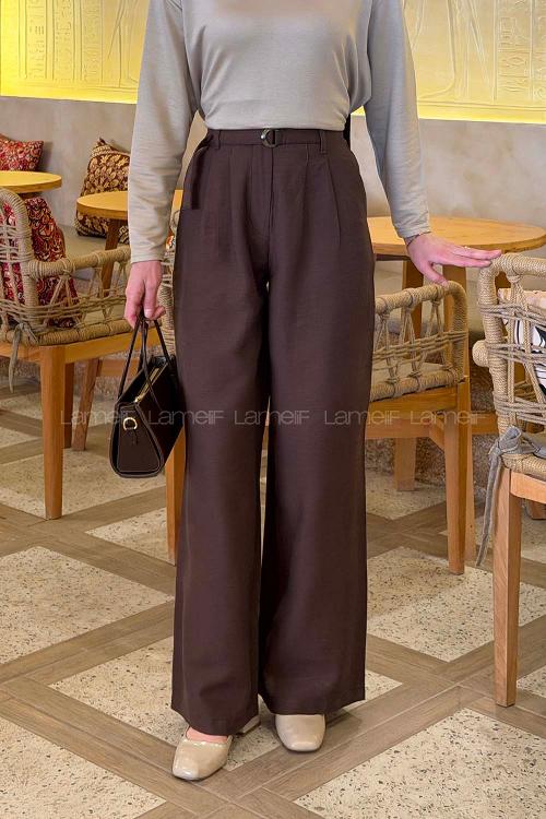 Lamelif Toka Detaylı Geniş Paça Pantolon Acı Kahve