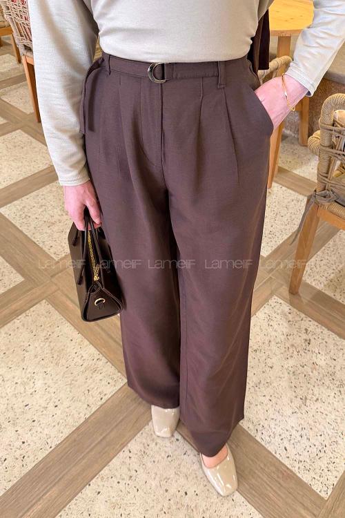 Lamelif Toka Detaylı Geniş Paça Pantolon Acı Kahve