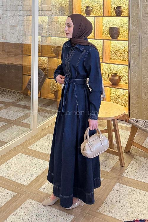 Lamelif Bağlama Detaylı Kot Elbise Koyu Mavi