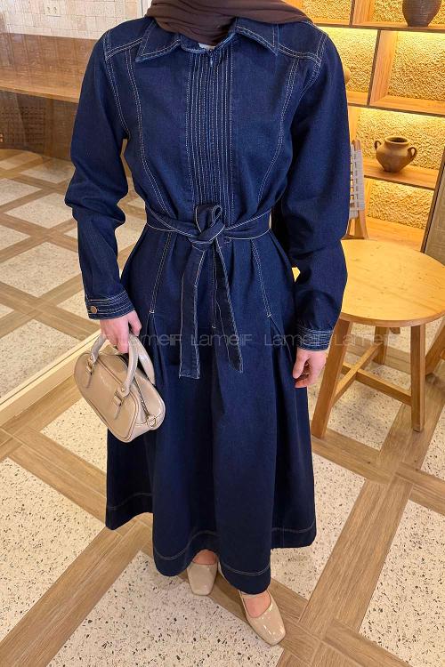 Lamelif Bağlama Detaylı Kot Elbise Koyu Mavi