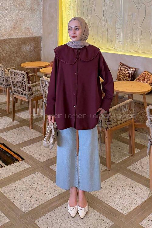 Lamelif Bebe Yaka Dantel Detaylı Gömlek Bordo