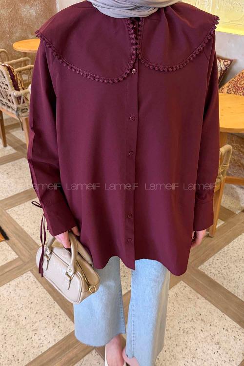 Lamelif Bebe Yaka Dantel Detaylı Gömlek Bordo
