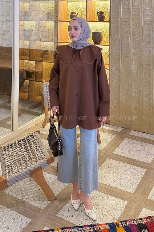 Lamelif Bebe Yaka Dantel Detaylı Gömlek Kahverengi