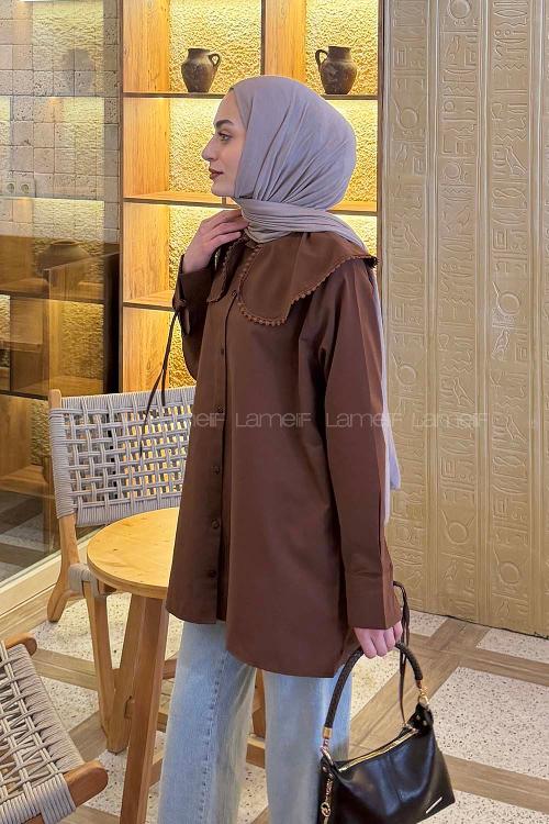 Lamelif Bebe Yaka Dantel Detaylı Gömlek Kahverengi