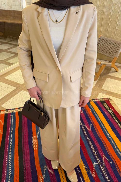 Lamelif Ceket-Pantolon Takım Krem