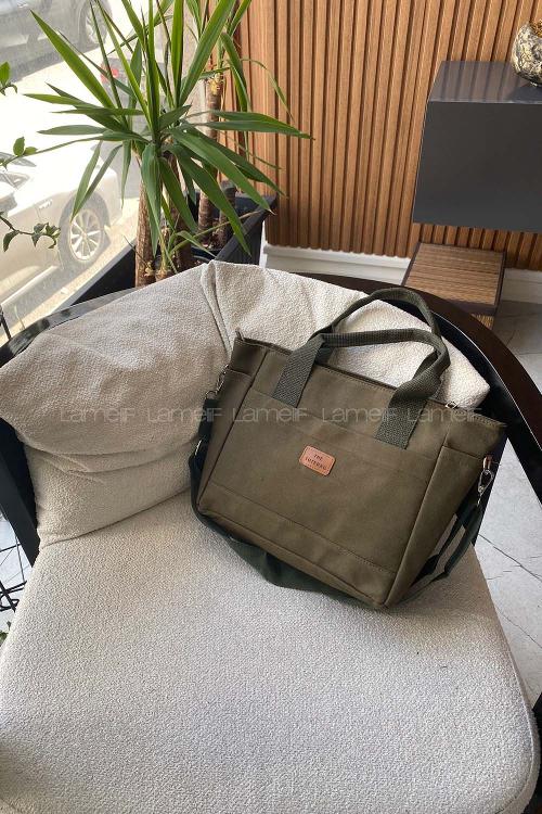 Lamelif Çok Cepli Kanvas Kadın Omuz Çantası Haki