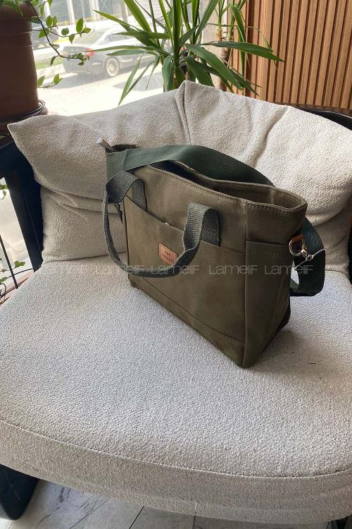 Lamelif Çok Cepli Kanvas Kadın Omuz Çantası Haki