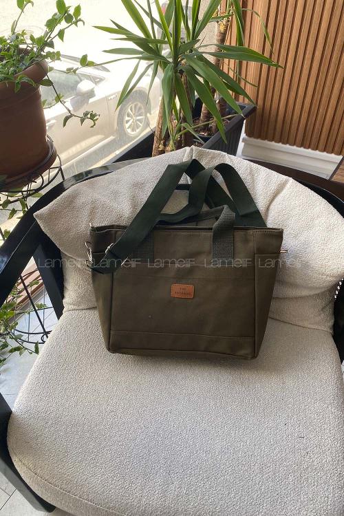 Lamelif Çok Cepli Kanvas Kadın Omuz Çantası Haki