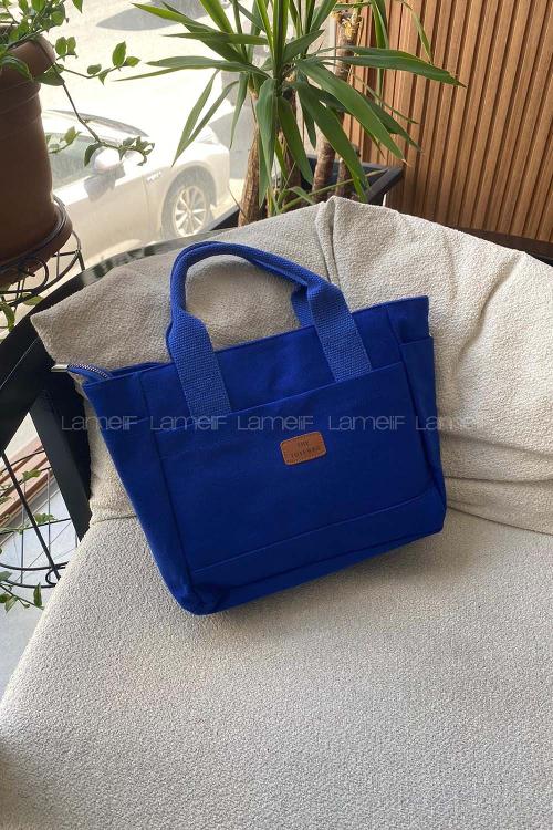 Lamelif Çok Cepli Kanvas Kadın Omuz Çantası Saks Mavisi