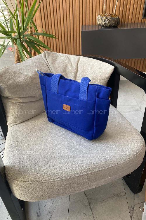 Lamelif Çok Cepli Kanvas Kadın Omuz Çantası Saks Mavisi