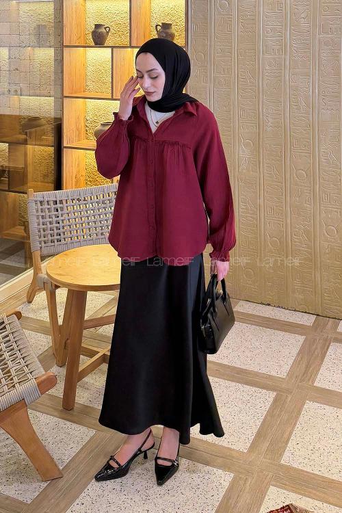 Lamelif Dantel Detaylı Gömlek Bordo