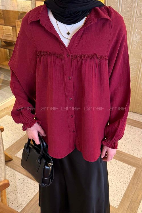 Lamelif Dantel Detaylı Gömlek Bordo