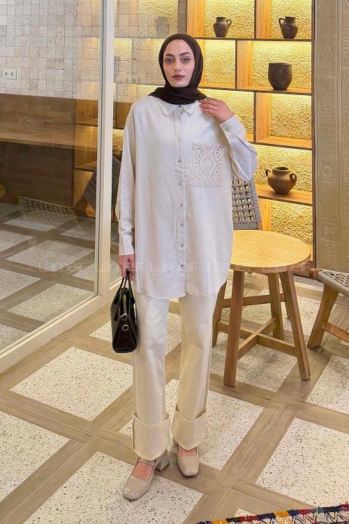 Stone Shirt Collar Long Arm Linen Unprinted Shirt