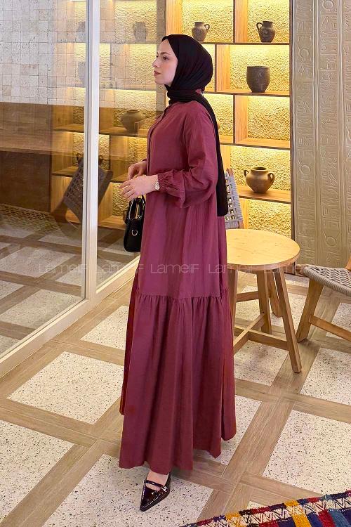Claret Red Crew Neck Cotton Unprinted Dresess