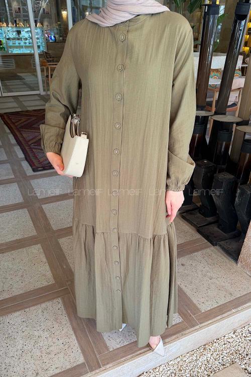 Khaki Crew Neck Cotton Unprinted Dresess