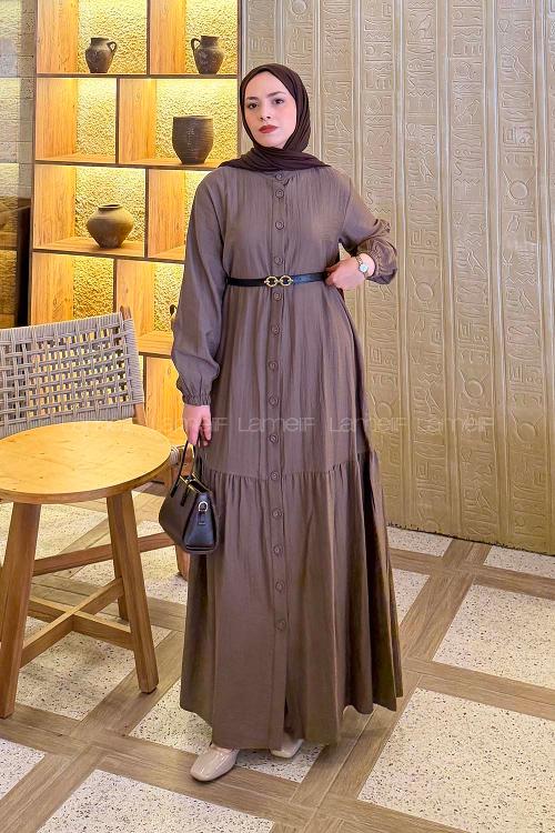 Brown Crew Neck Cotton Unprinted Dresess