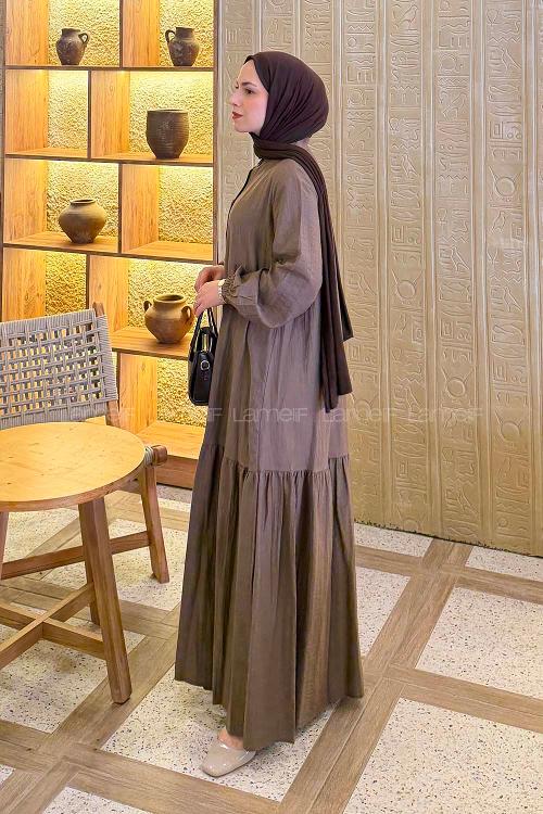 Brown Crew Neck Cotton Unprinted Dresess