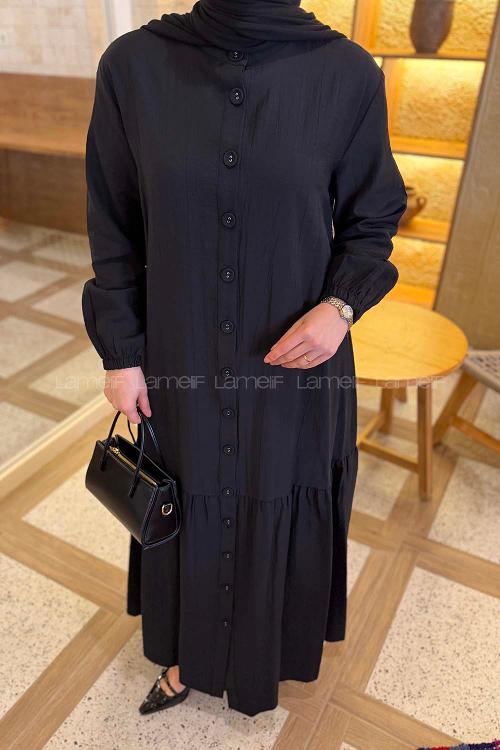 Black Crew Neck Cotton Unprinted Dresess