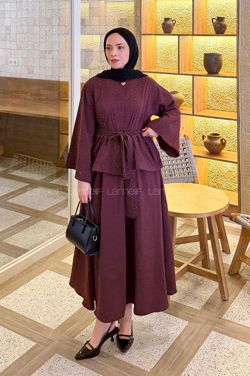 Lamelif Taşlı Bağlamalı Takım Bordo