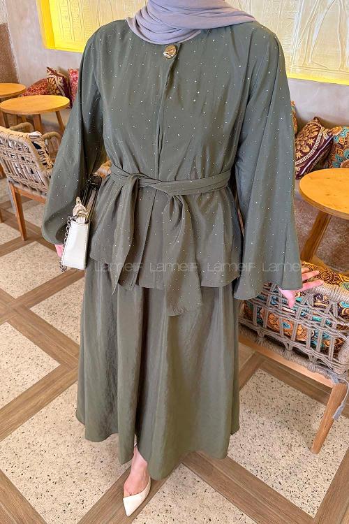 Lamelif Taşlı Bağlamalı Takım Haki