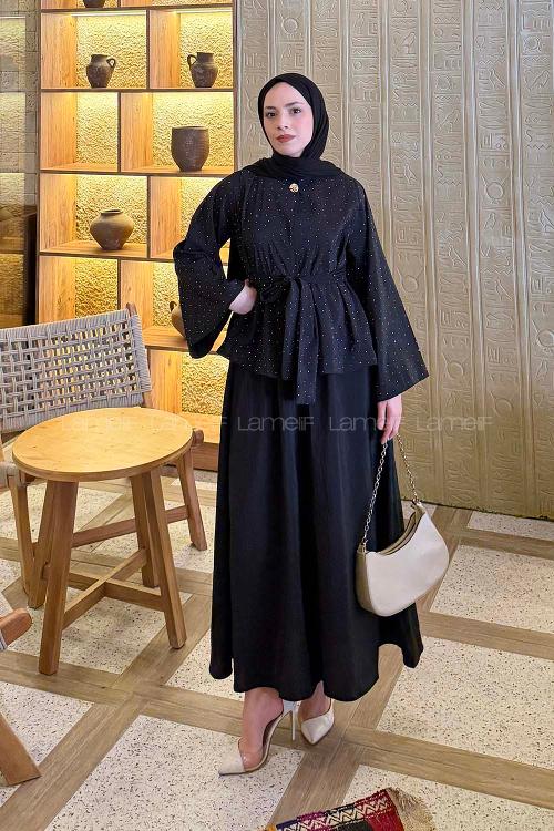 Lamelif Taşlı Bağlamalı Takım Siyah