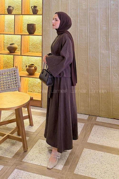 Lamelif Taşlı Bağlamalı Takım Soft Kahve