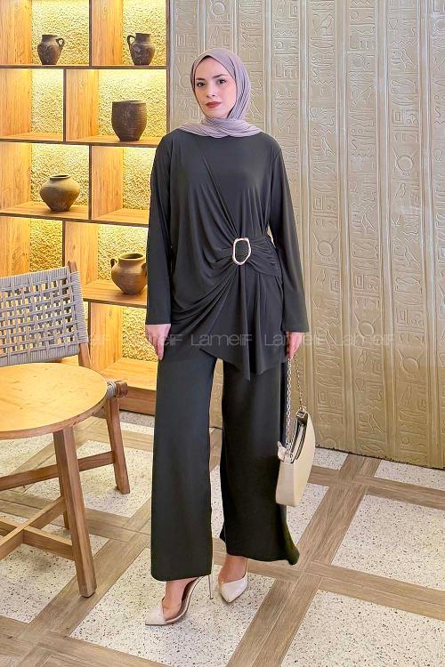 Lamelif Toka Detaylı Asimetrik Takım Haki