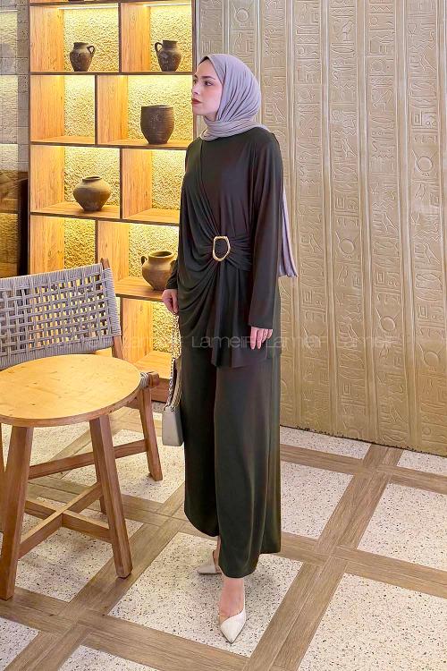 Lamelif Toka Detaylı Asimetrik Takım Haki