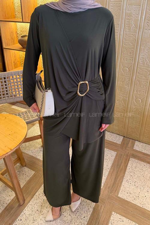 Lamelif Toka Detaylı Asimetrik Takım Haki