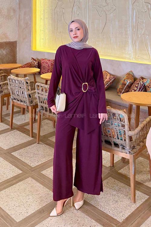 Lamelif Toka Detaylı Asimetrik Takım Patlıcan Moru