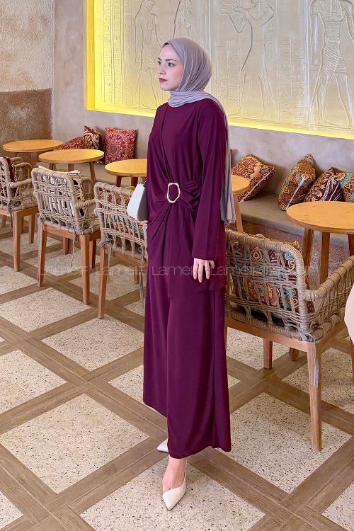 Lamelif Toka Detaylı Asimetrik Takım Patlıcan Moru