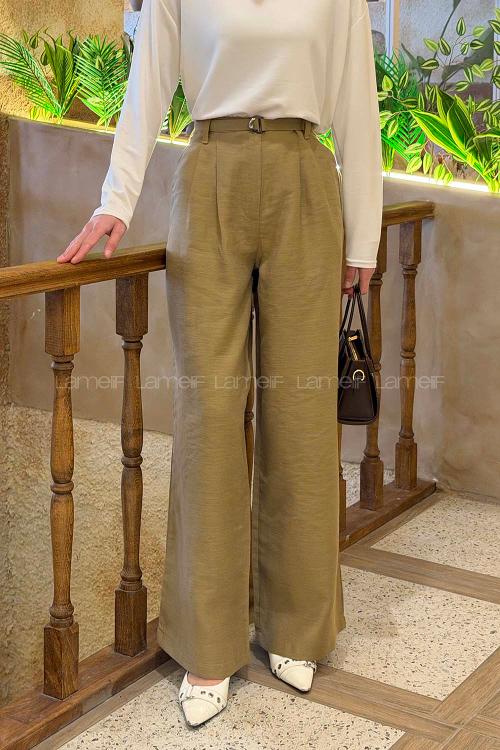 Lamelif Toka Detaylı Geniş Paça Pantolon Camel