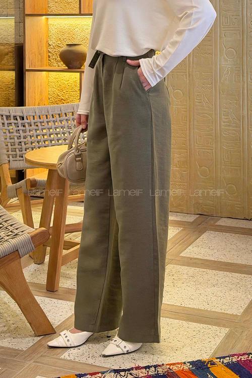 Lamelif Toka Detaylı Geniş Paça Pantolon Haki